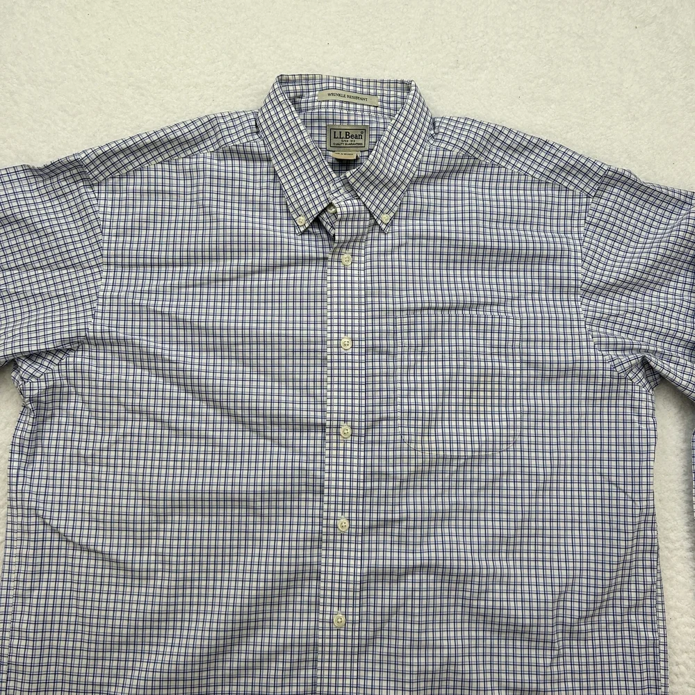 L.L.Bean Shirt Mens Large Regular Wrinkle Resistant Blue Plaid Button Down